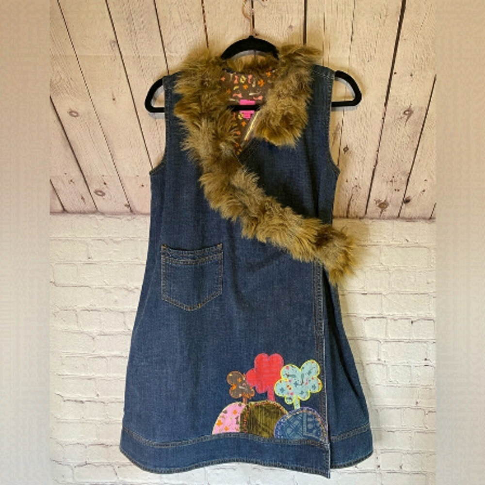 Oilily Girls Bohemian Jean Denim Wrap Dress with Faux Fur Collar Size 12Y